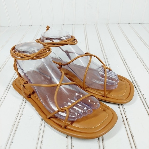 NEW Open Edit Brown Leather Strappy Lace Up Ankle Summer Flat Sandals M485 - Picture 4 of 11